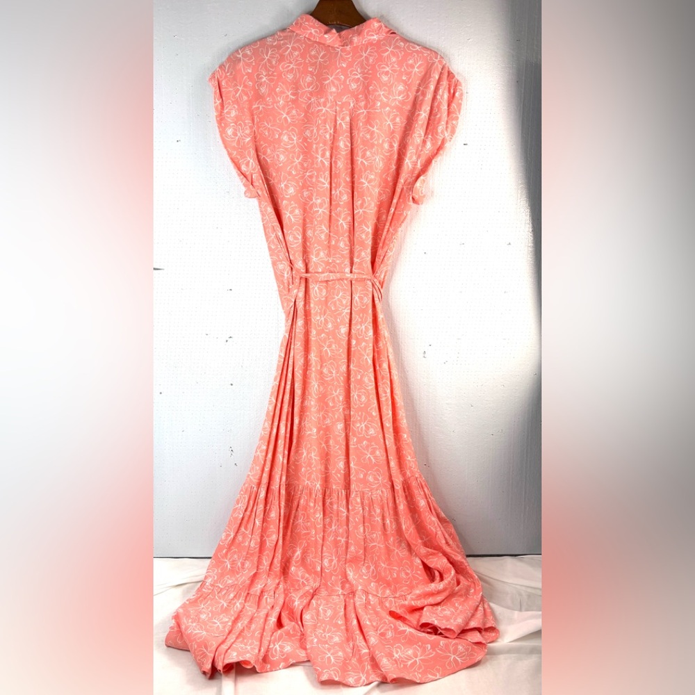 Ann Taylor Factory 16 Bright Peach Floral Sketch Belted Button Down Midi Dress - Picture 2 of 9